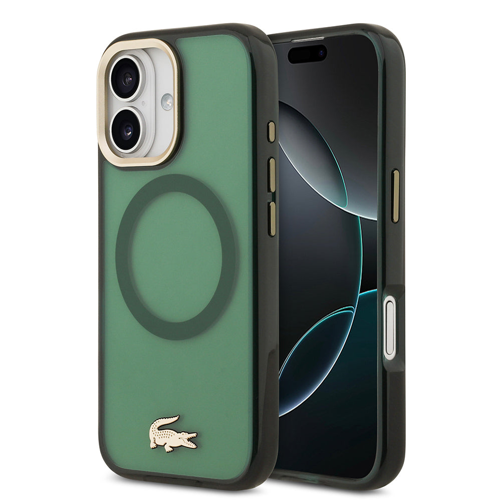 iPhone 17 Kılıf Lacoste Orijinal Lisanslı M-safe Şarj Özellikli Gold Timsah Logolu Buzlu Kılıf