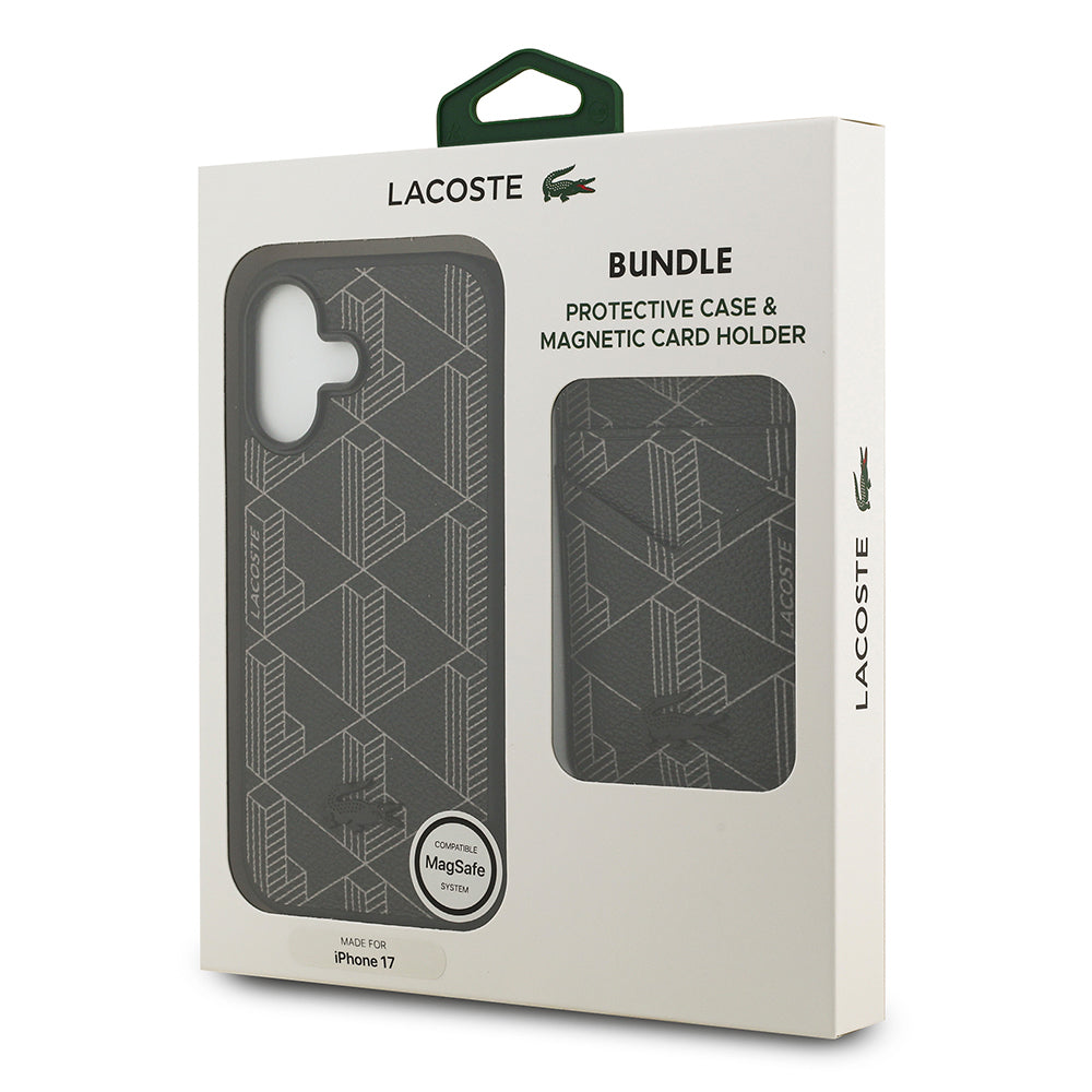 iPhone 17 Kılıf Lacoste Orijinal Lisanslı M-safe Şarj Özellikli PU Deri Tasarımlı Kartlıklı Karışık Monogram Desenli Kılıf