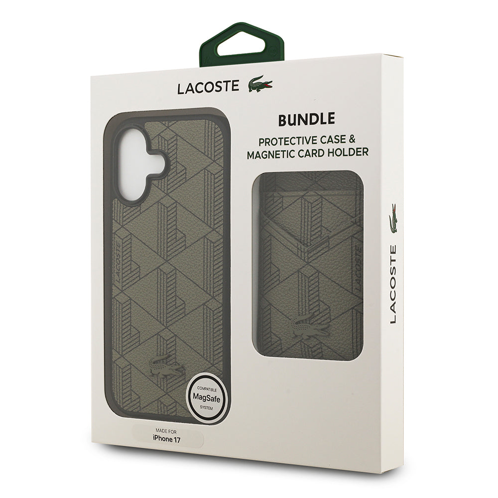 iPhone 17 Kılıf Lacoste Orijinal Lisanslı M-safe Şarj Özellikli PU Deri Tasarımlı Kartlıklı Karışık Monogram Desenli Kılıf