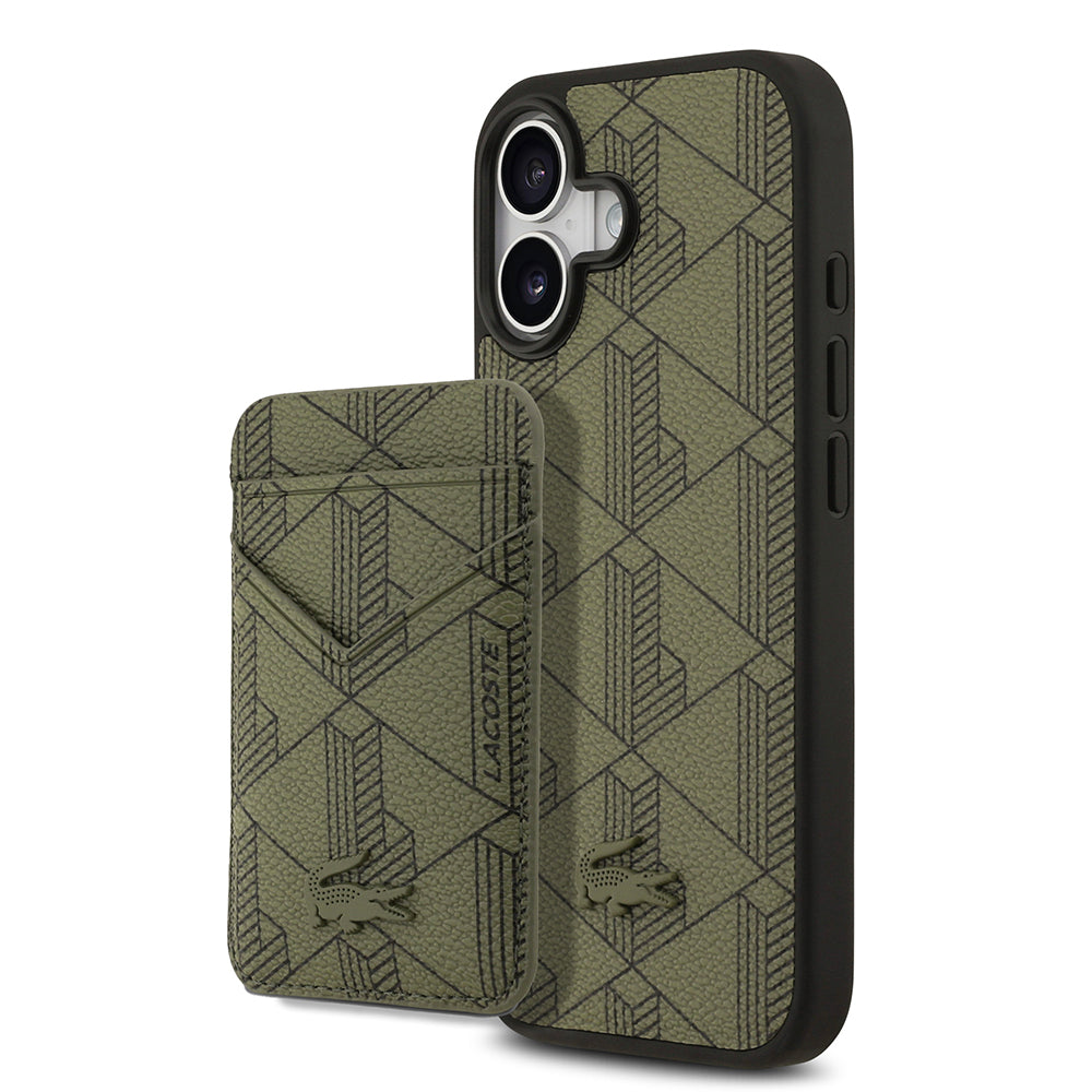 iPhone 17 Kılıf Lacoste Orijinal Lisanslı M-safe Şarj Özellikli PU Deri Tasarımlı Kartlıklı Karışık Monogram Desenli Kılıf