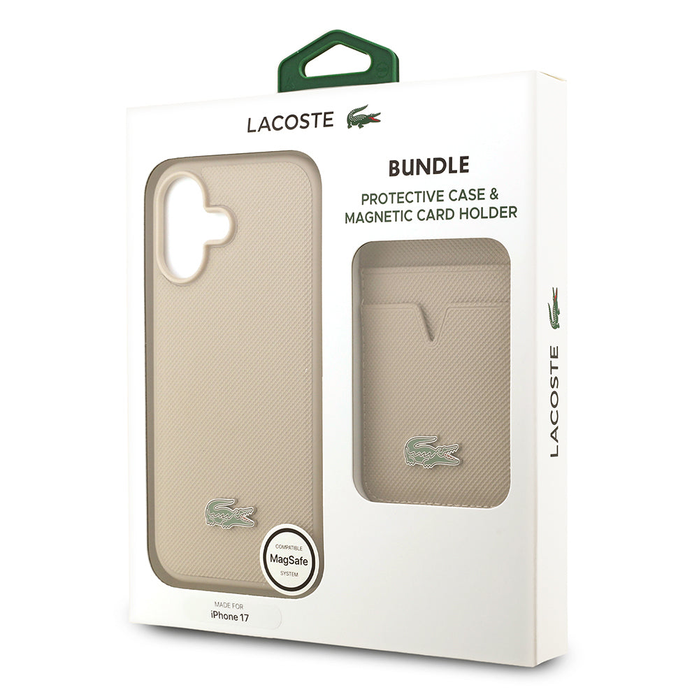 iPhone 17 Kılıf Lacoste Orijinal Lisanslı M-safe Şarj Özellikli PU Pike Desenli Metal Logolu Kartlıklı Kılıf