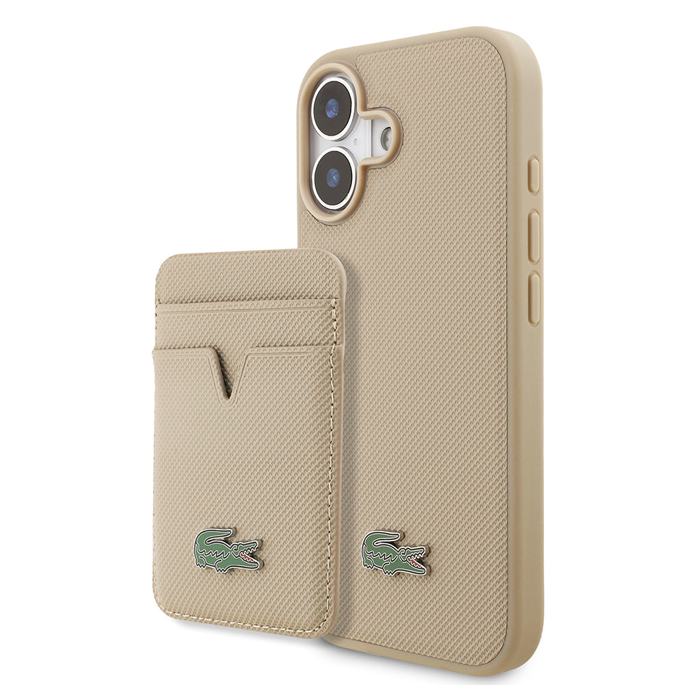 iPhone 17 Kılıf Lacoste Orijinal Lisanslı M-safe Şarj Özellikli PU Pike Desenli Metal Logolu Kartlıklı Kılıf