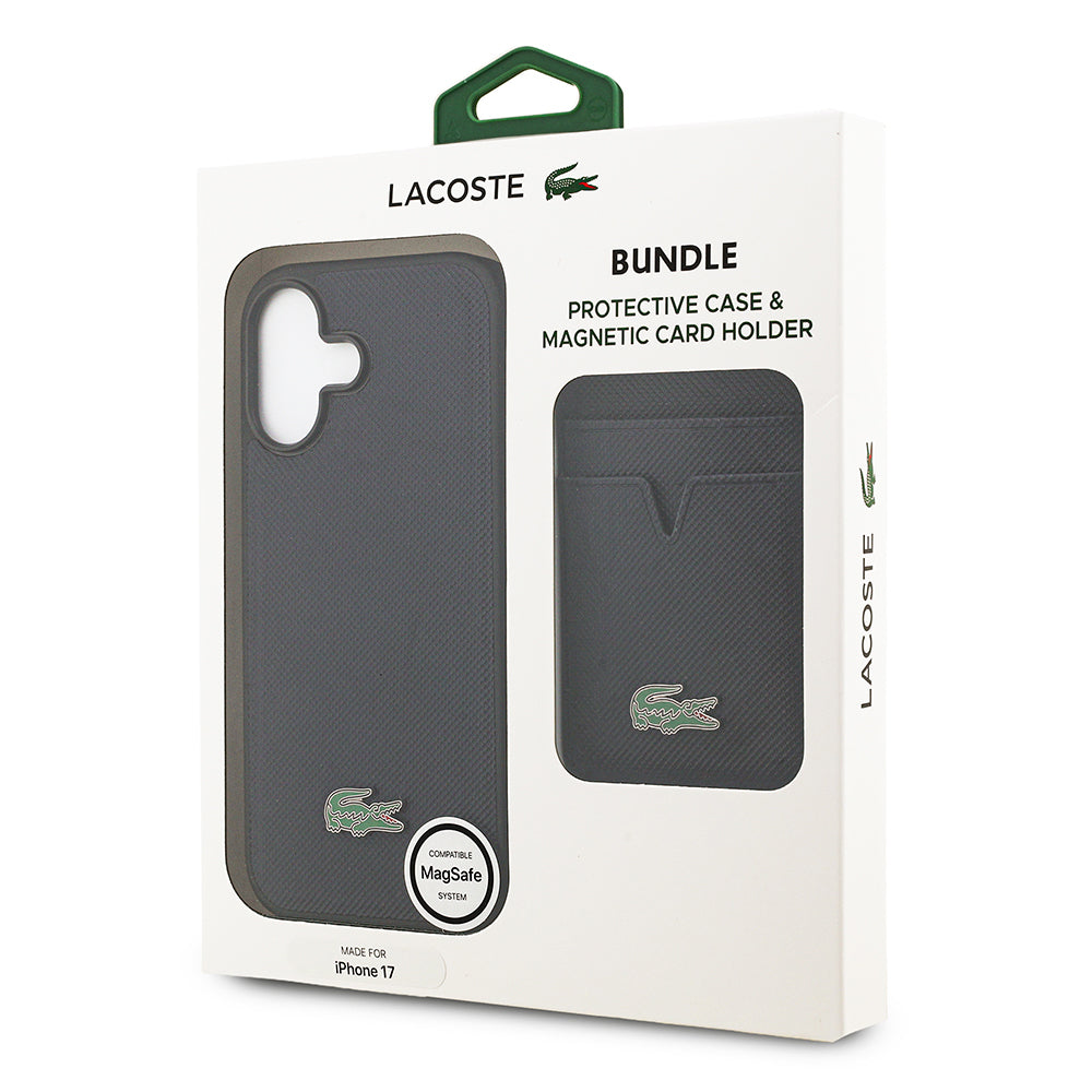 iPhone 17 Kılıf Lacoste Orijinal Lisanslı M-safe Şarj Özellikli PU Pike Desenli Metal Logolu Kartlıklı Kılıf