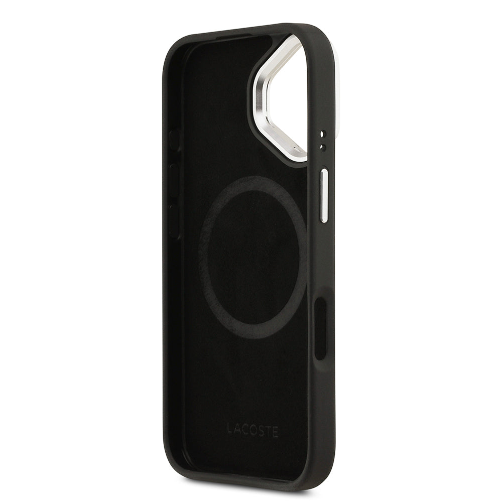 iPhone 17 Kılıf Lacoste Orijinal Lisanslı M-safe Şarj Özellikli PU Pike Desenli Standlı Metal Logolu Kılıf