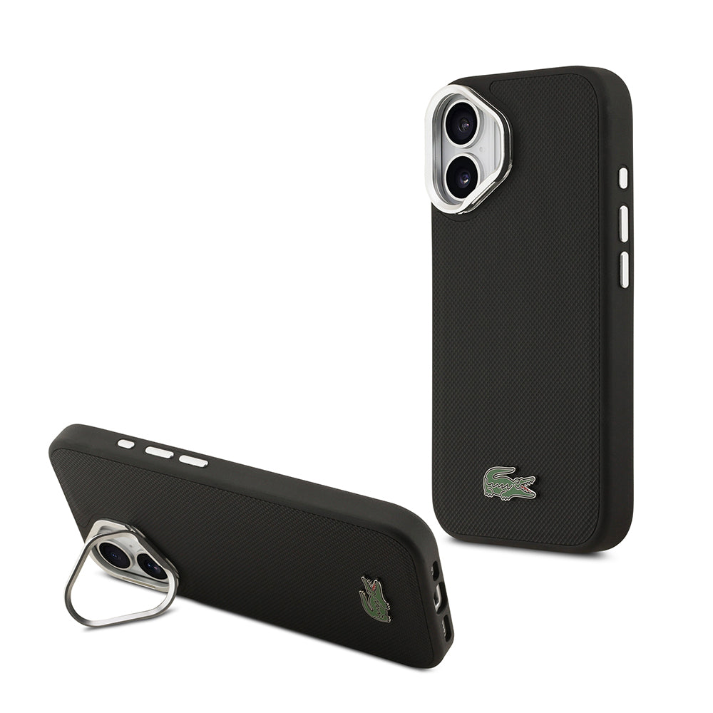 iPhone 17 Kılıf Lacoste Orijinal Lisanslı M-safe Şarj Özellikli PU Pike Desenli Standlı Metal Logolu Kılıf