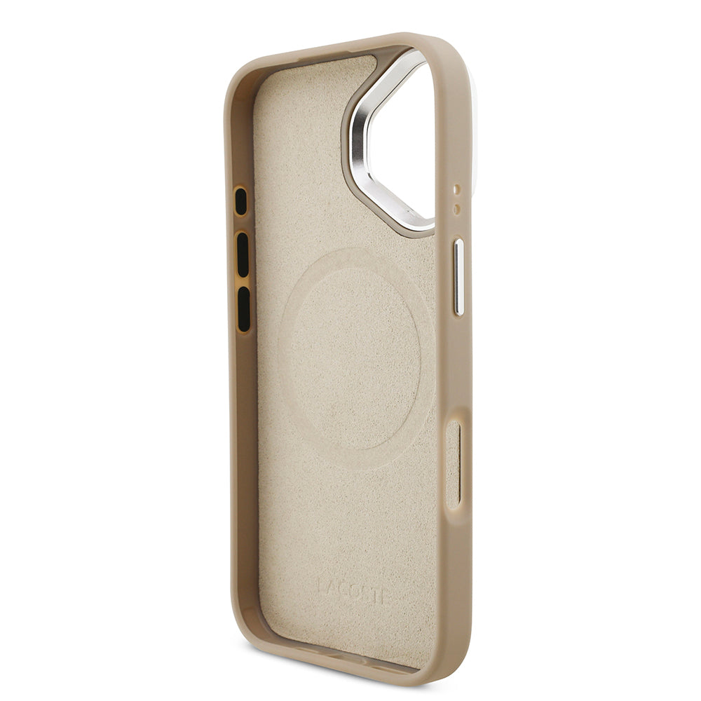 iPhone 17 Kılıf Lacoste Orijinal Lisanslı M-safe Şarj Özellikli PU Pike Desenli Standlı Metal Logolu Kılıf