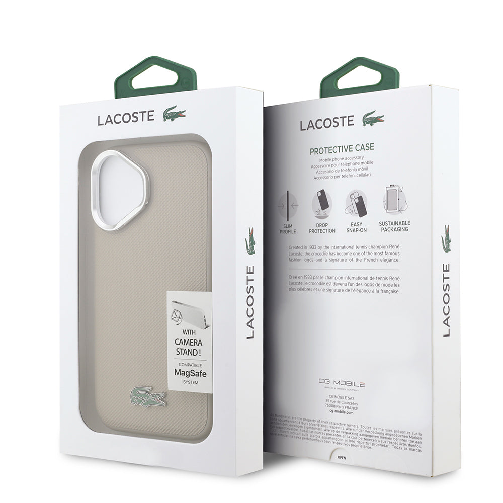 iPhone 17 Kılıf Lacoste Orijinal Lisanslı M-safe Şarj Özellikli PU Pike Desenli Standlı Metal Logolu Kılıf