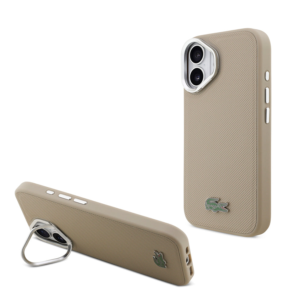 iPhone 17 Kılıf Lacoste Orijinal Lisanslı M-safe Şarj Özellikli PU Pike Desenli Standlı Metal Logolu Kılıf