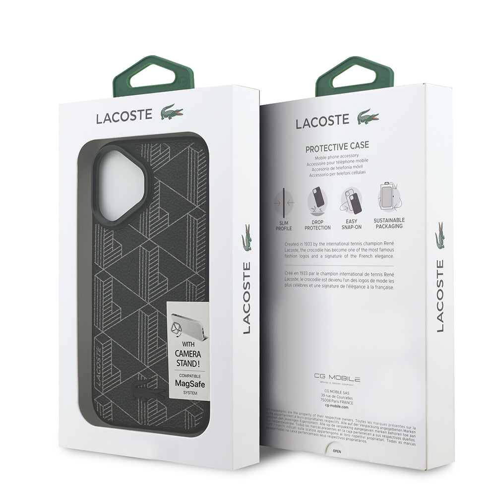 iPhone 17 Kılıf Lacoste Orijinal Lisanslı M-safe Şarj Özellikli Standlı PU Deri Karışık Monogram Desenli Kılıf