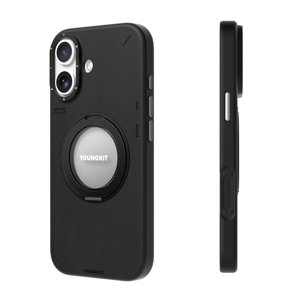iPhone 17 Kılıf M-safe Şarj Özellikli 360 Derece Standlı Basit Mat Deri Desenli Youngkit Tech Leather Serisi Kılıf