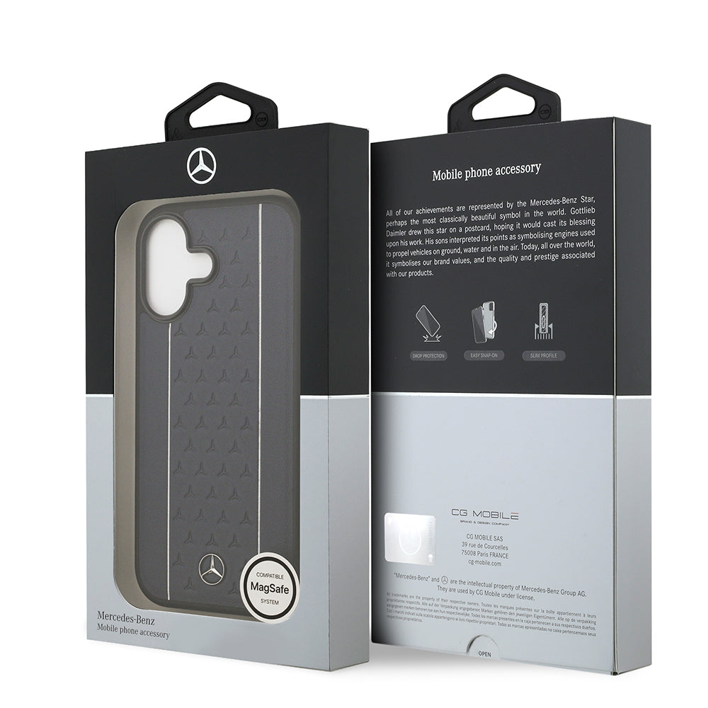 iPhone 17 Kılıf Mercedes Benz Orijinal Lisanslı M-safe Şarj Özellikli Şeritli Yıldız Desenli Metal Logolu Deri Kılıf