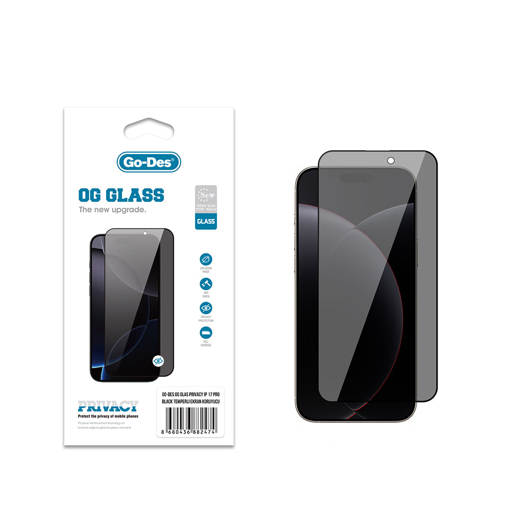 iPhone 17 Pro Go Des OG Glass Privacy Antistatik Temperli Cam Ekran Koruyucu