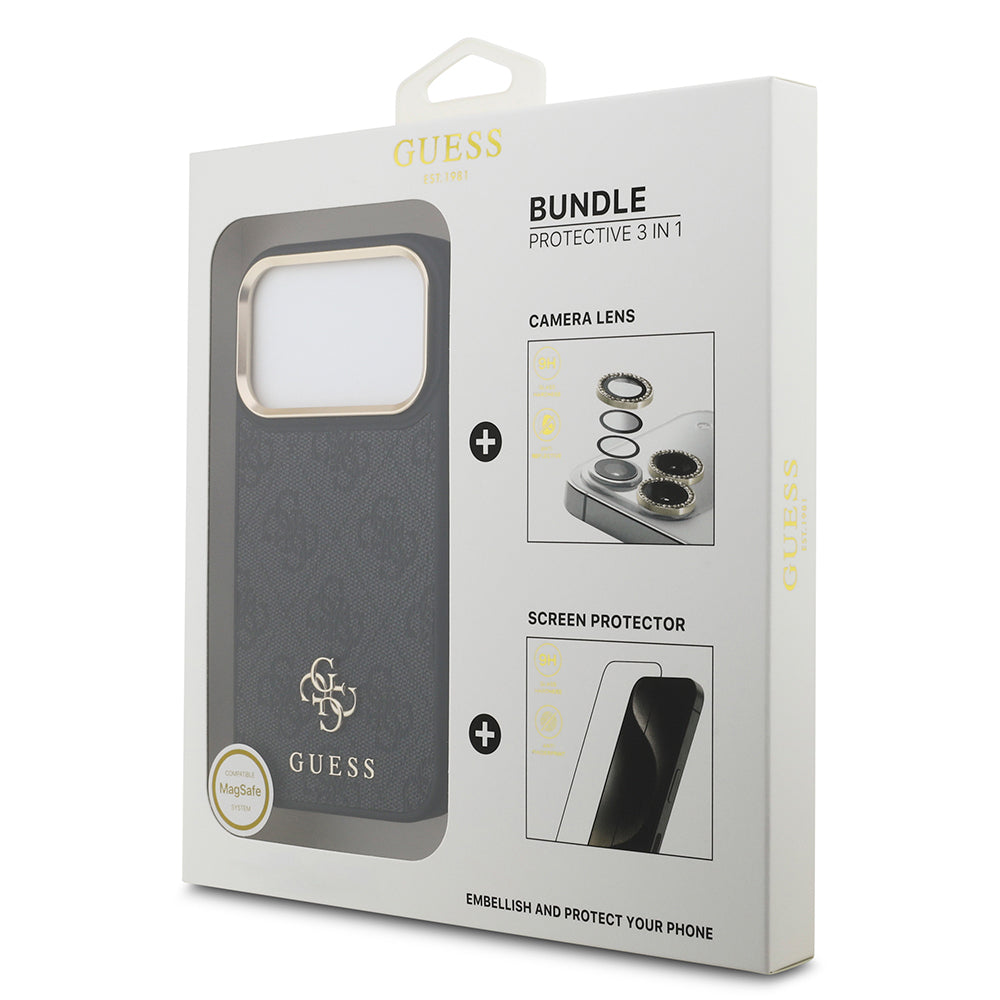 iPhone 17 Pro Guess Orijinal Lisanslı 4G ve Yazı Logolu Kılıf + Ekran Koruyucu + Lens Koruyucu 3in1 Aksesuar Seti