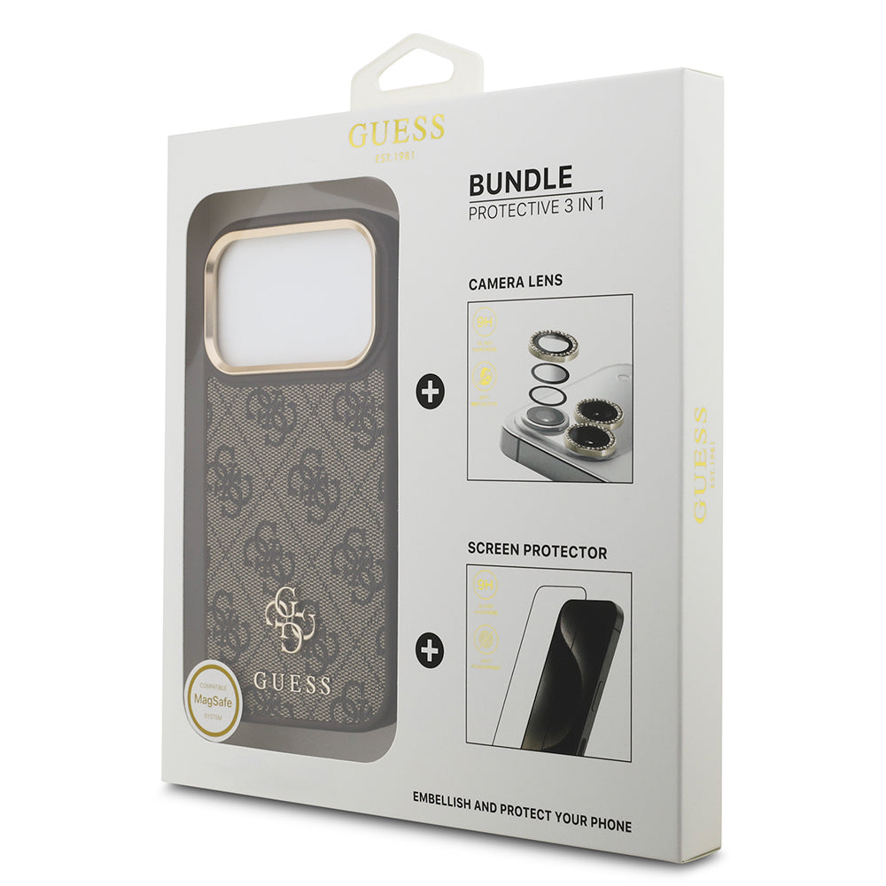 iPhone 17 Pro Guess Orijinal Lisanslı 4G ve Yazı Logolu Kılıf + Ekran Koruyucu + Lens Koruyucu 3in1 Aksesuar Seti