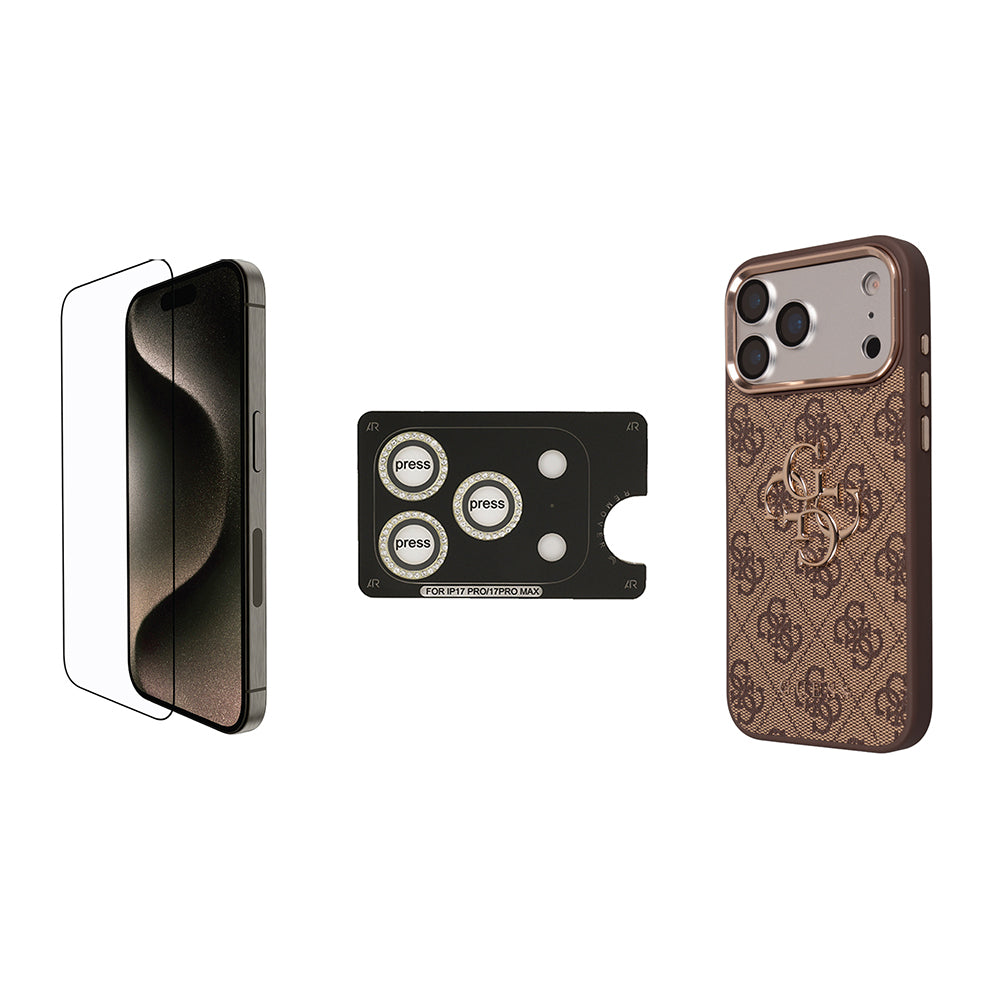 iPhone 17 Pro Guess Orijinal Lisanslı Büyük 4G ve Yazı Logolu Kılıf + Ekran Koruyucu + Lens Koruyucu 3in1 Aksesuar Seti