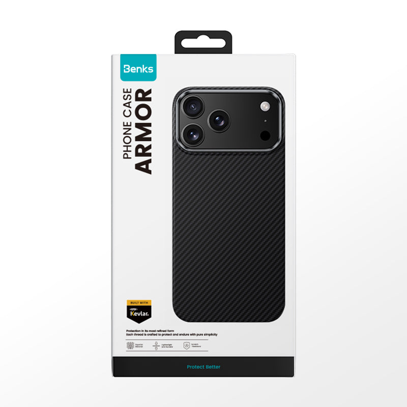 iPhone 17 Pro Kılıf Benks M-safe Şarj Özellikli Metal Kamera Çerçeveli Magnetik ArmorAir 600D Kevlar Karbon Fiber Kılıf