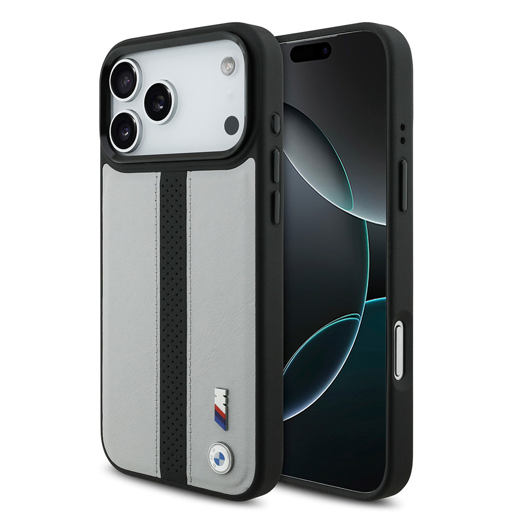 iPhone 17 Pro Kılıf BMW Orijinal Lisanslı M-safe Şarj Özellikli Deri Arka Yüzey Metal Logolu Delikli Şerit Tasarımlı Kılıf
