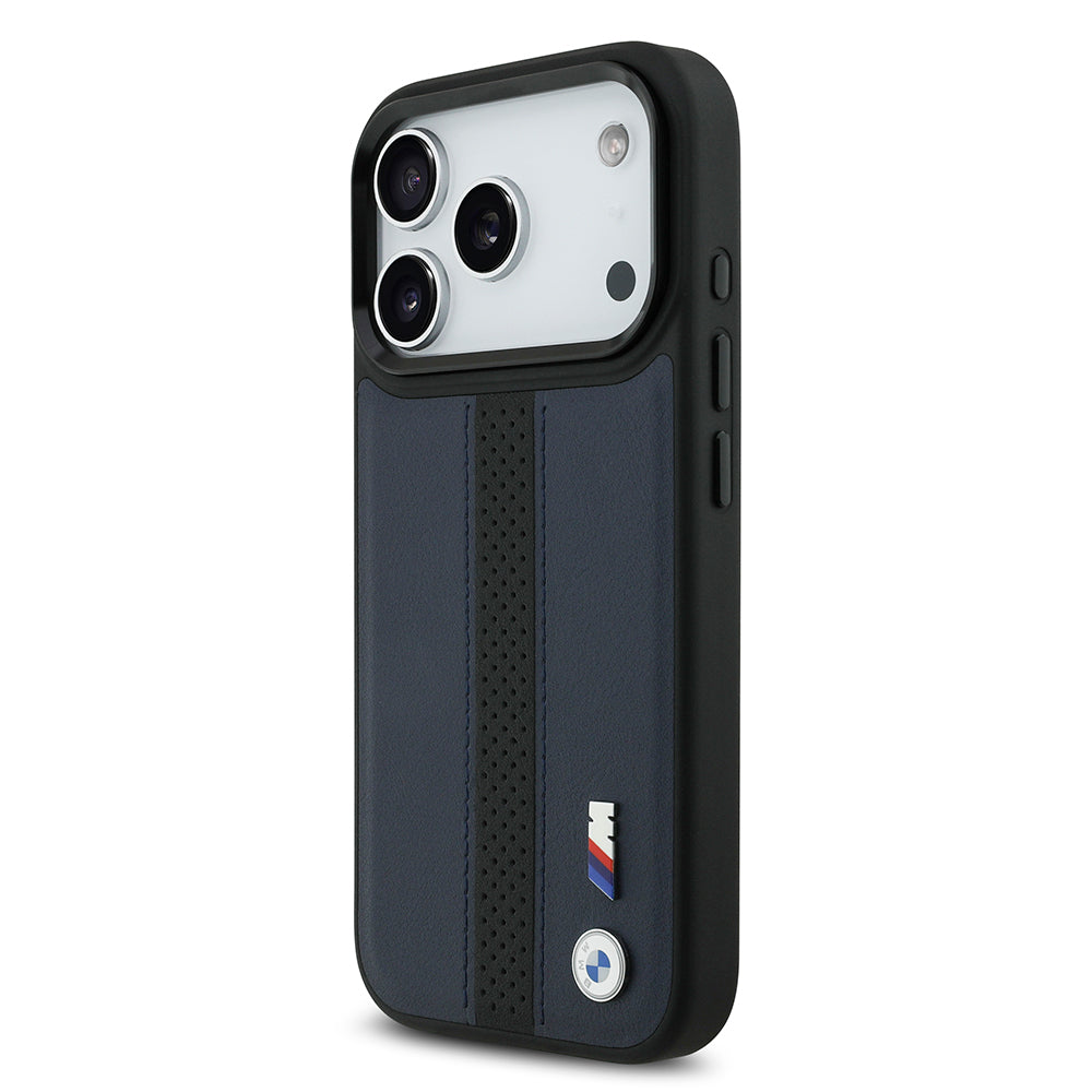 iPhone 17 Pro Kılıf BMW Orijinal Lisanslı M-safe Şarj Özellikli Deri Arka Yüzey Metal Logolu Delikli Şerit Tasarımlı Kılıf