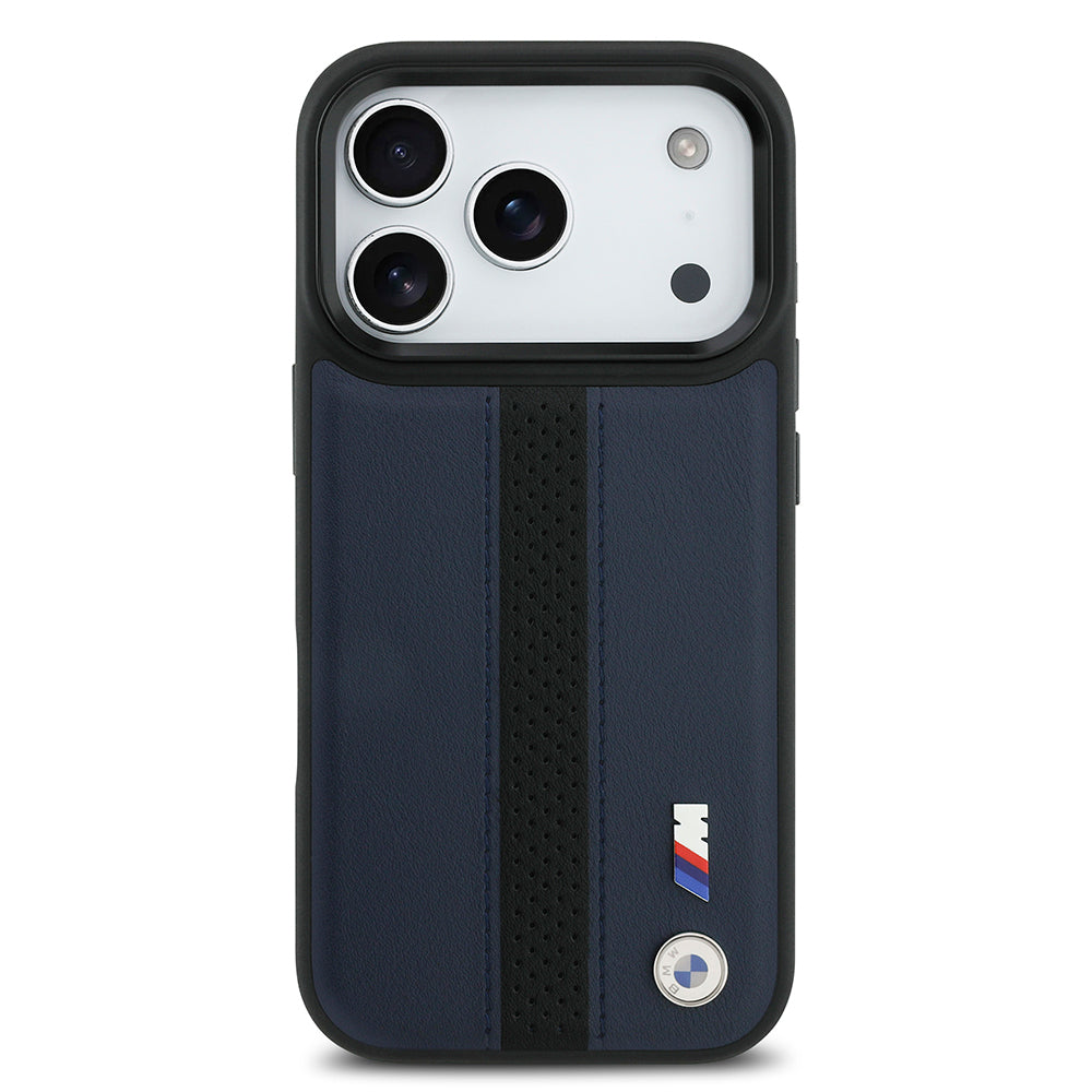 iPhone 17 Pro Kılıf BMW Orijinal Lisanslı M-safe Şarj Özellikli Deri Arka Yüzey Metal Logolu Delikli Şerit Tasarımlı Kılıf