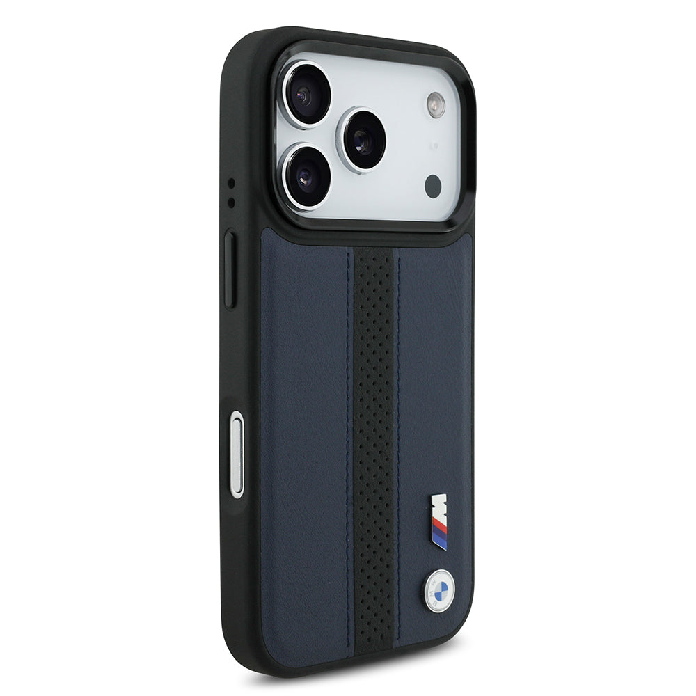 iPhone 17 Pro Kılıf BMW Orijinal Lisanslı M-safe Şarj Özellikli Deri Arka Yüzey Metal Logolu Delikli Şerit Tasarımlı Kılıf