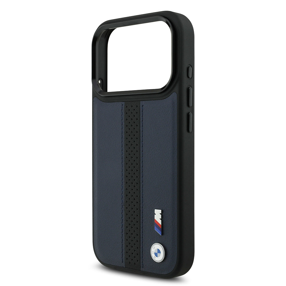 iPhone 17 Pro Kılıf BMW Orijinal Lisanslı M-safe Şarj Özellikli Deri Arka Yüzey Metal Logolu Delikli Şerit Tasarımlı Kılıf