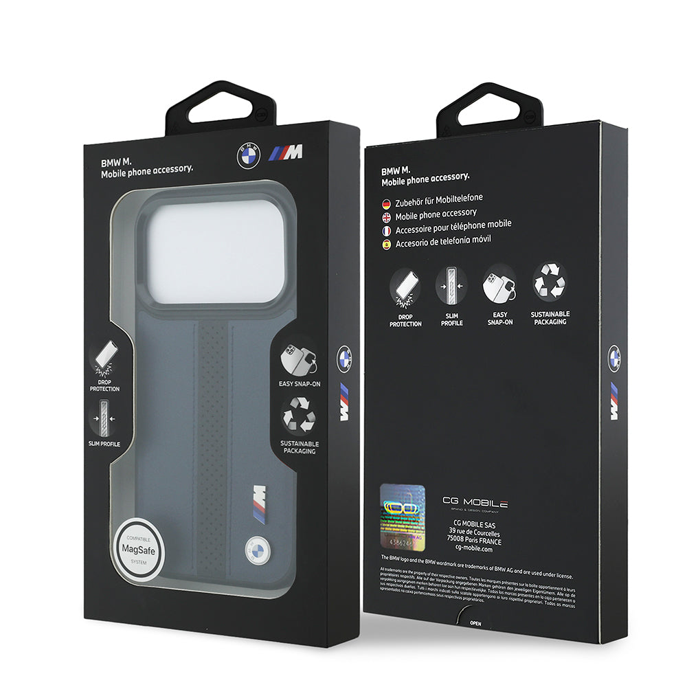 iPhone 17 Pro Kılıf BMW Orijinal Lisanslı M-safe Şarj Özellikli Deri Arka Yüzey Metal Logolu Delikli Şerit Tasarımlı Kılıf