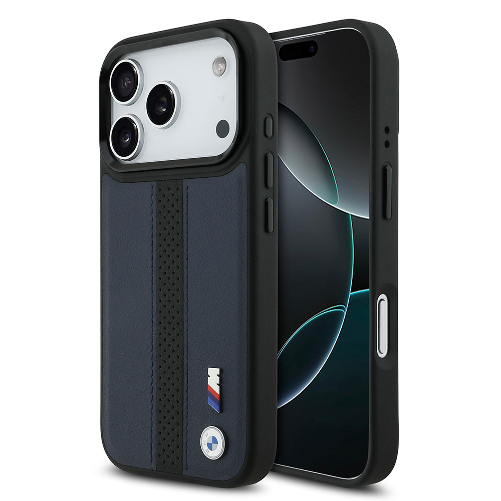 iPhone 17 Pro Kılıf BMW Orijinal Lisanslı M-safe Şarj Özellikli Deri Arka Yüzey Metal Logolu Delikli Şerit Tasarımlı Kılıf