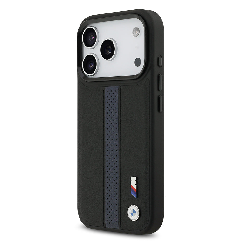 iPhone 17 Pro Kılıf BMW Orijinal Lisanslı M-safe Şarj Özellikli Deri Arka Yüzey Metal Logolu Delikli Şerit Tasarımlı Kılıf