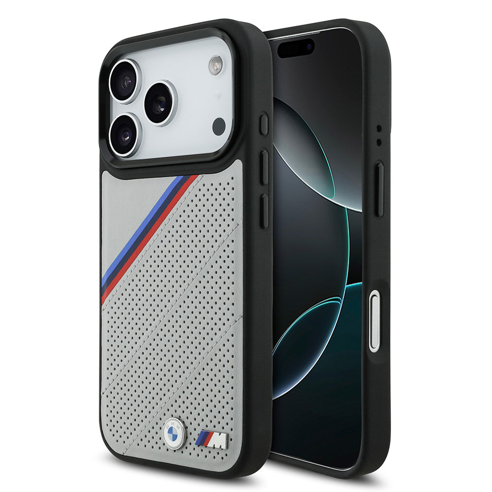 iPhone 17 Pro Kılıf BMW Orijinal Lisanslı M-safe Şarj Özellikli M Logolu Üç Şeritli Delikli Deri Kılıf