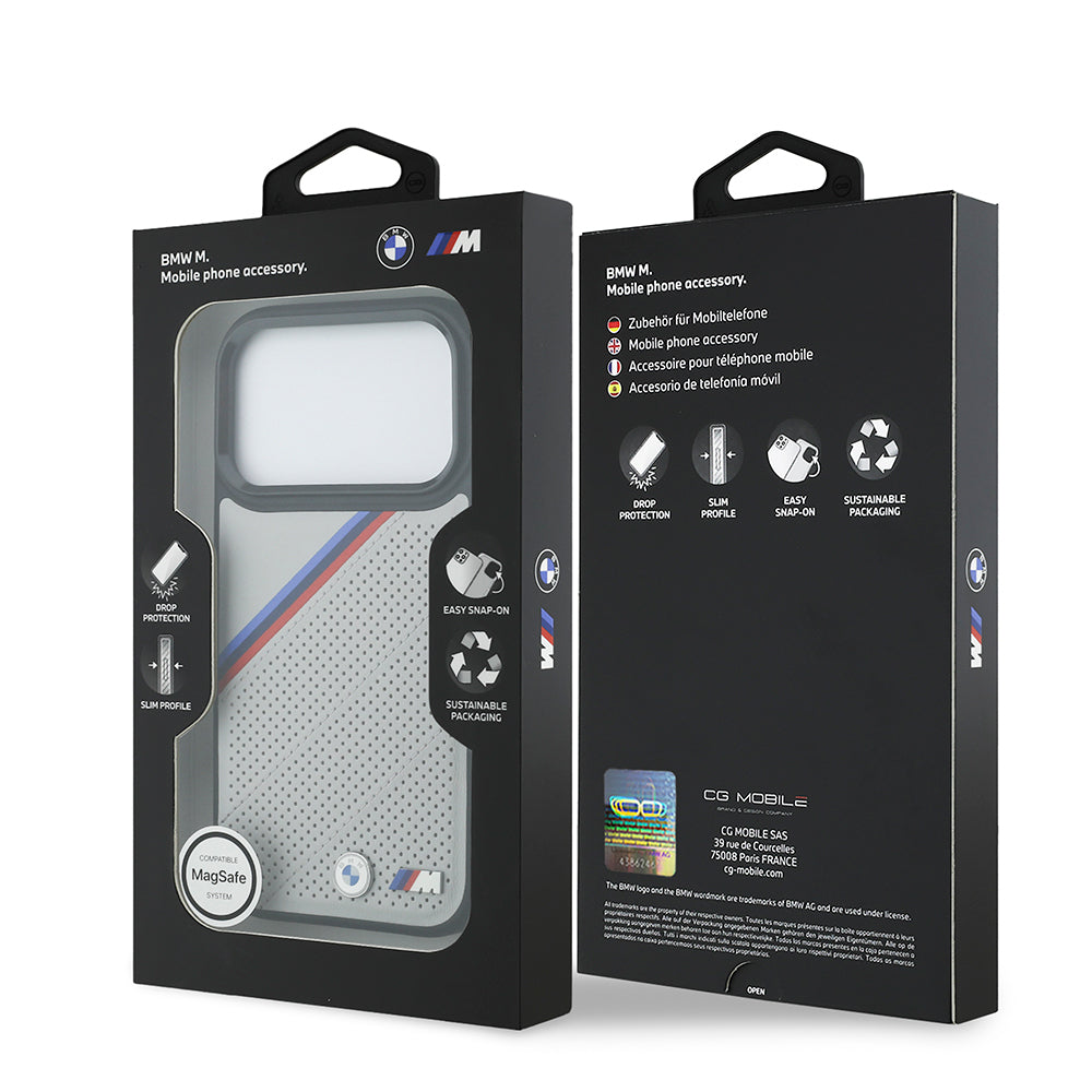 iPhone 17 Pro Kılıf BMW Orijinal Lisanslı M-safe Şarj Özellikli M Logolu Üç Şeritli Delikli Deri Kılıf