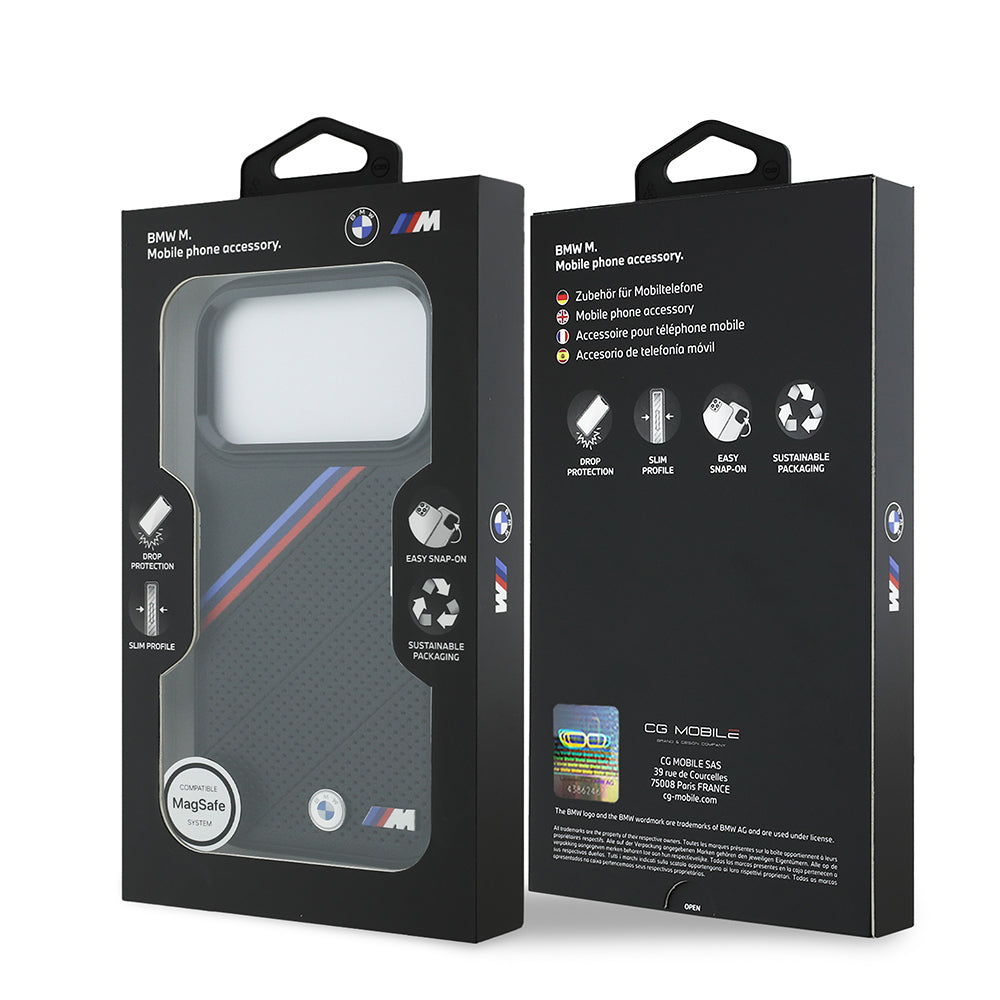 iPhone 17 Pro Kılıf BMW Orijinal Lisanslı M-safe Şarj Özellikli M Logolu Üç Şeritli Delikli Deri Kılıf