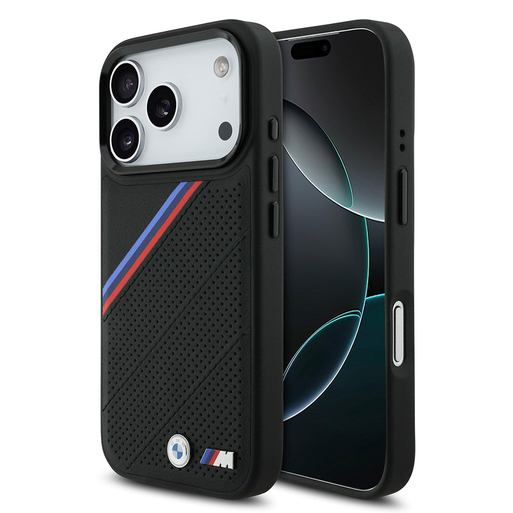 iPhone 17 Pro Kılıf BMW Orijinal Lisanslı M-safe Şarj Özellikli M Logolu Üç Şeritli Delikli Deri Kılıf