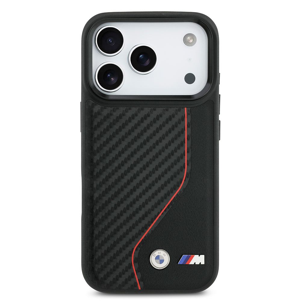iPhone 17 Pro Kılıf BMW Orijinal Lisanslı M-safe Şarj Özellikli Metal BMW ve M Logolu PU Karbon Tasarımlı Kılıf