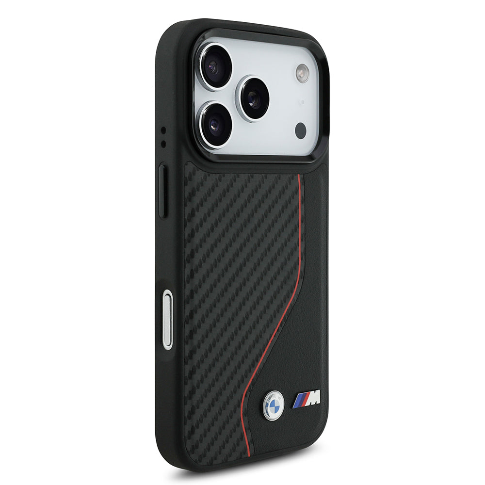 iPhone 17 Pro Kılıf BMW Orijinal Lisanslı M-safe Şarj Özellikli Metal BMW ve M Logolu PU Karbon Tasarımlı Kılıf