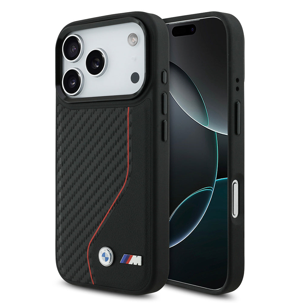 iPhone 17 Pro Kılıf BMW Orijinal Lisanslı M-safe Şarj Özellikli Metal BMW ve M Logolu PU Karbon Tasarımlı Kılıf