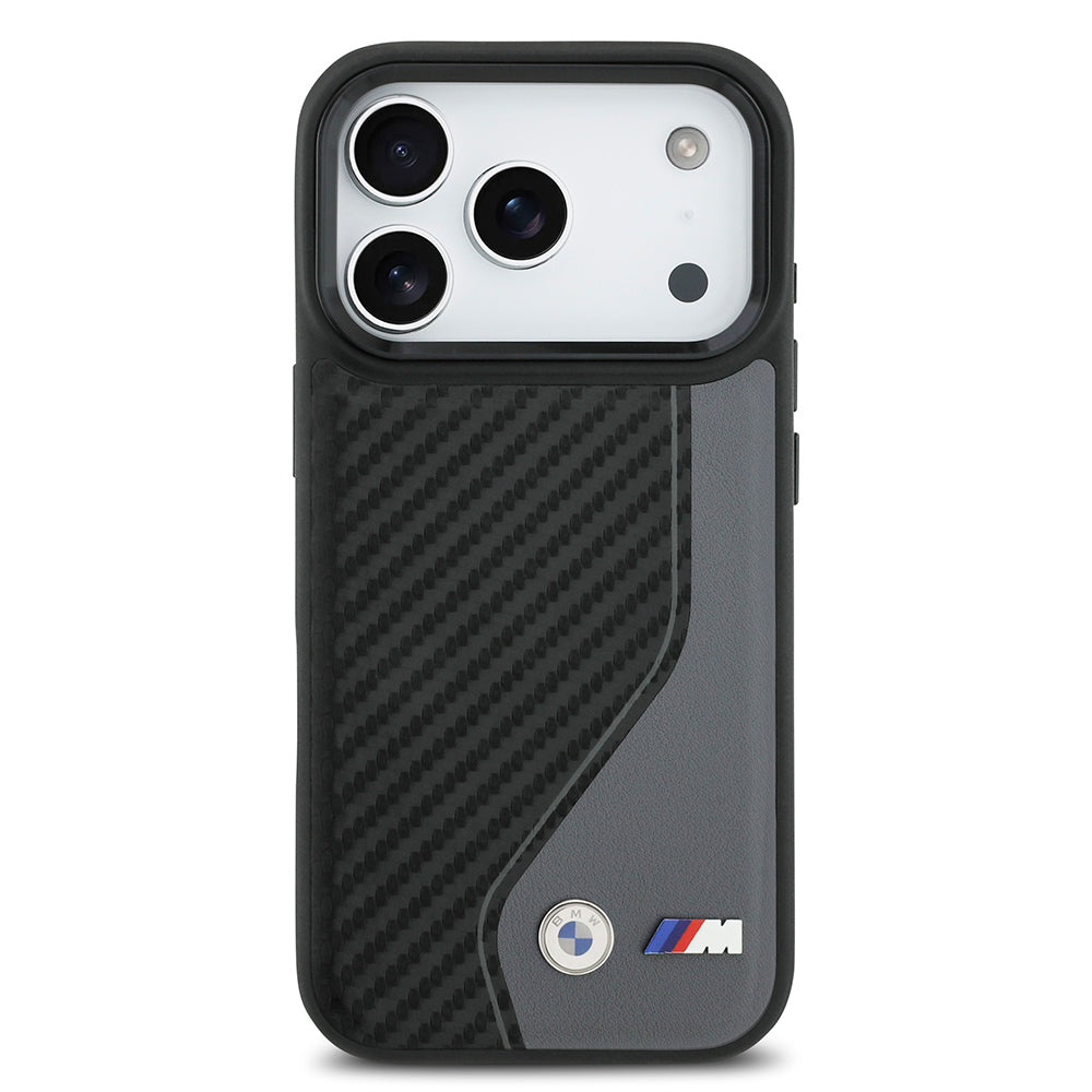 iPhone 17 Pro Kılıf BMW Orijinal Lisanslı M-safe Şarj Özellikli Metal BMW ve M Logolu PU Karbon Tasarımlı Kılıf