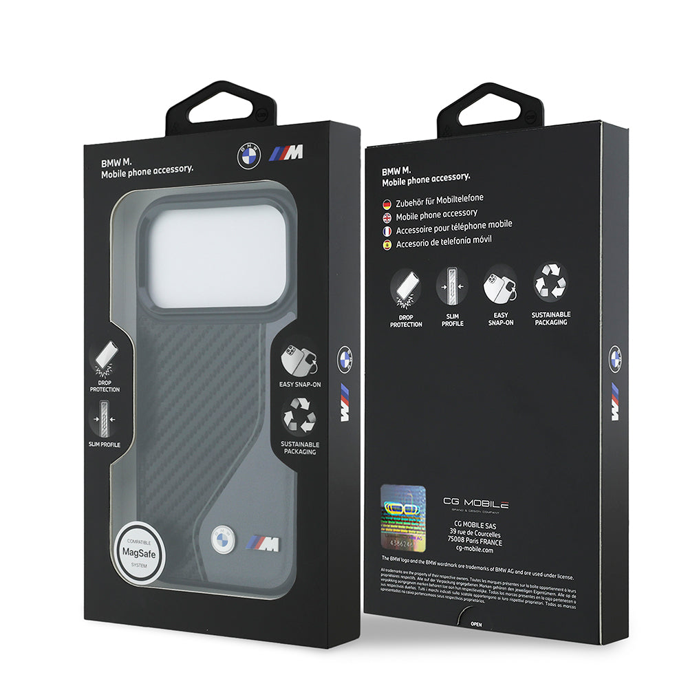 iPhone 17 Pro Kılıf BMW Orijinal Lisanslı M-safe Şarj Özellikli Metal BMW ve M Logolu PU Karbon Tasarımlı Kılıf