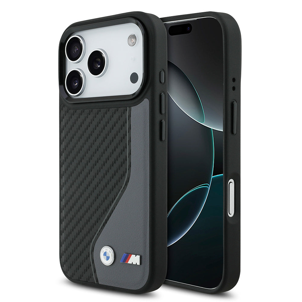 iPhone 17 Pro Kılıf BMW Orijinal Lisanslı M-safe Şarj Özellikli Metal BMW ve M Logolu PU Karbon Tasarımlı Kılıf