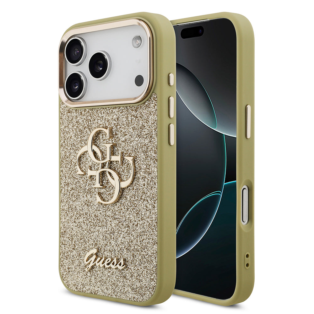 iPhone 17 Pro Kılıf Guess Orijinal Lisanslı 4G Büyük Metal Kamera Çerçeveli ve Logolu Glitter Kılıf