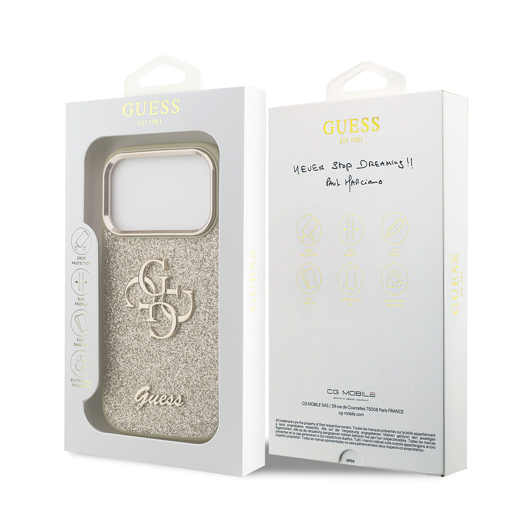 iPhone 17 Pro Kılıf Guess Orijinal Lisanslı 4G Büyük Metal Kamera Çerçeveli ve Logolu Glitter Kılıf