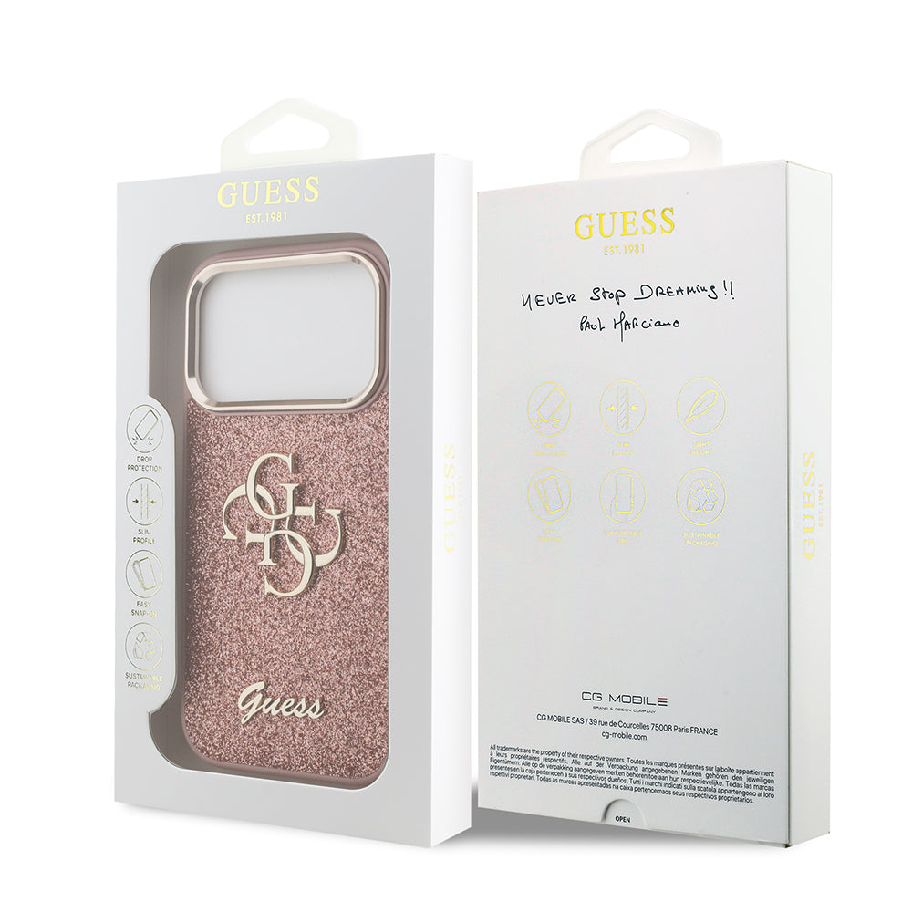 iPhone 17 Pro Kılıf Guess Orijinal Lisanslı 4G Büyük Metal Kamera Çerçeveli ve Logolu Glitter Kılıf