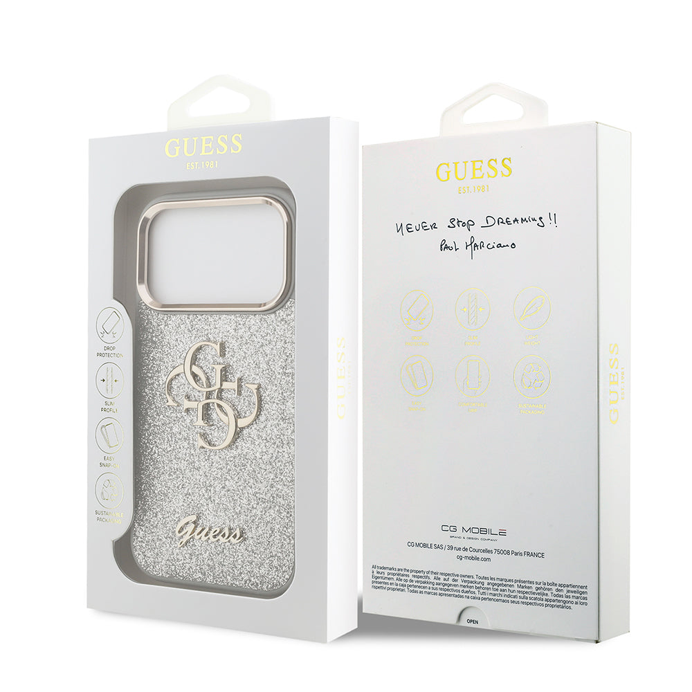 iPhone 17 Pro Kılıf Guess Orijinal Lisanslı 4G Büyük Metal Kamera Çerçeveli ve Logolu Glitter Kılıf