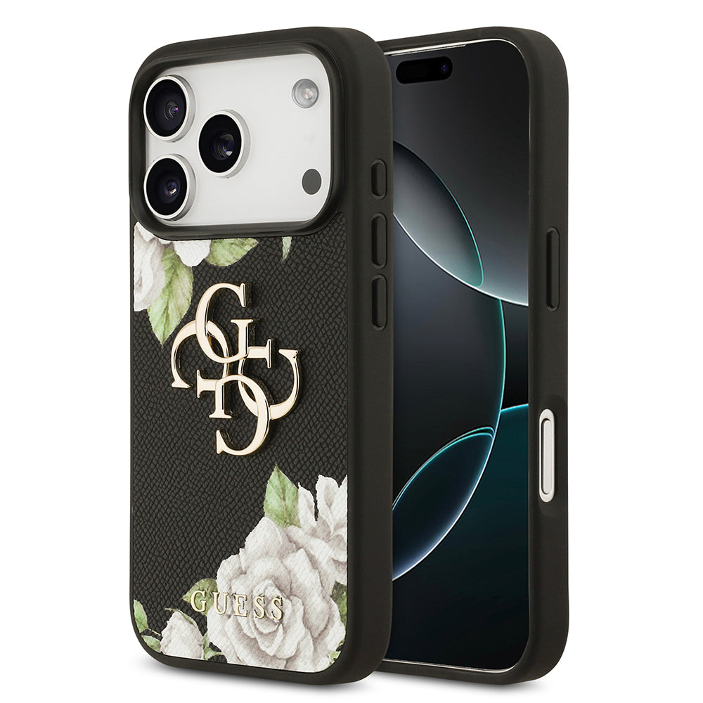 iPhone 17 Pro Kılıf Guess Orijinal Lisanslı Gül Baskılı Büyük Metal Logo Dizaynlı Kılıf