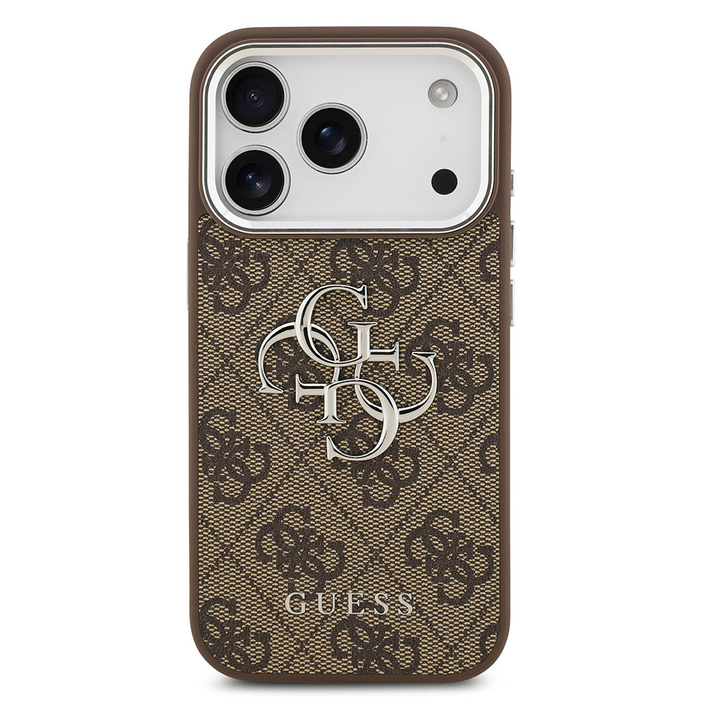 iPhone 17 Pro Kılıf Guess Orijinal Lisanslı Gümüş Metal Kamera Çerçeveli 4G Desenli Metal Büyük 4G ve Yazı Logolu Kılıf
