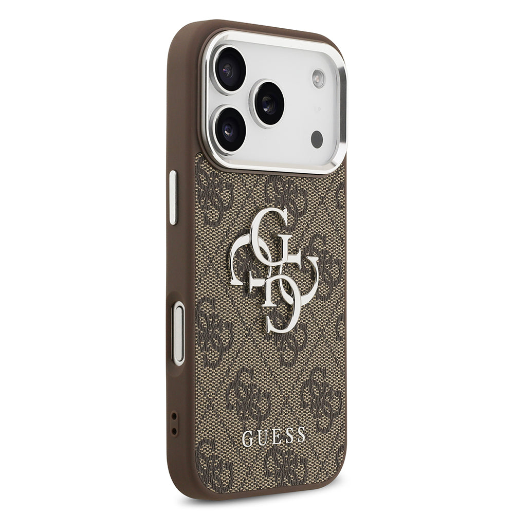 iPhone 17 Pro Kılıf Guess Orijinal Lisanslı Gümüş Metal Kamera Çerçeveli 4G Desenli Metal Büyük 4G ve Yazı Logolu Kılıf