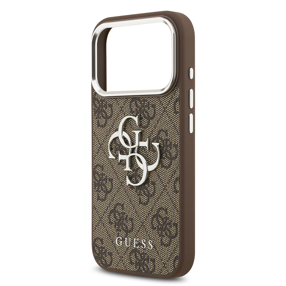 iPhone 17 Pro Kılıf Guess Orijinal Lisanslı Gümüş Metal Kamera Çerçeveli 4G Desenli Metal Büyük 4G ve Yazı Logolu Kılıf