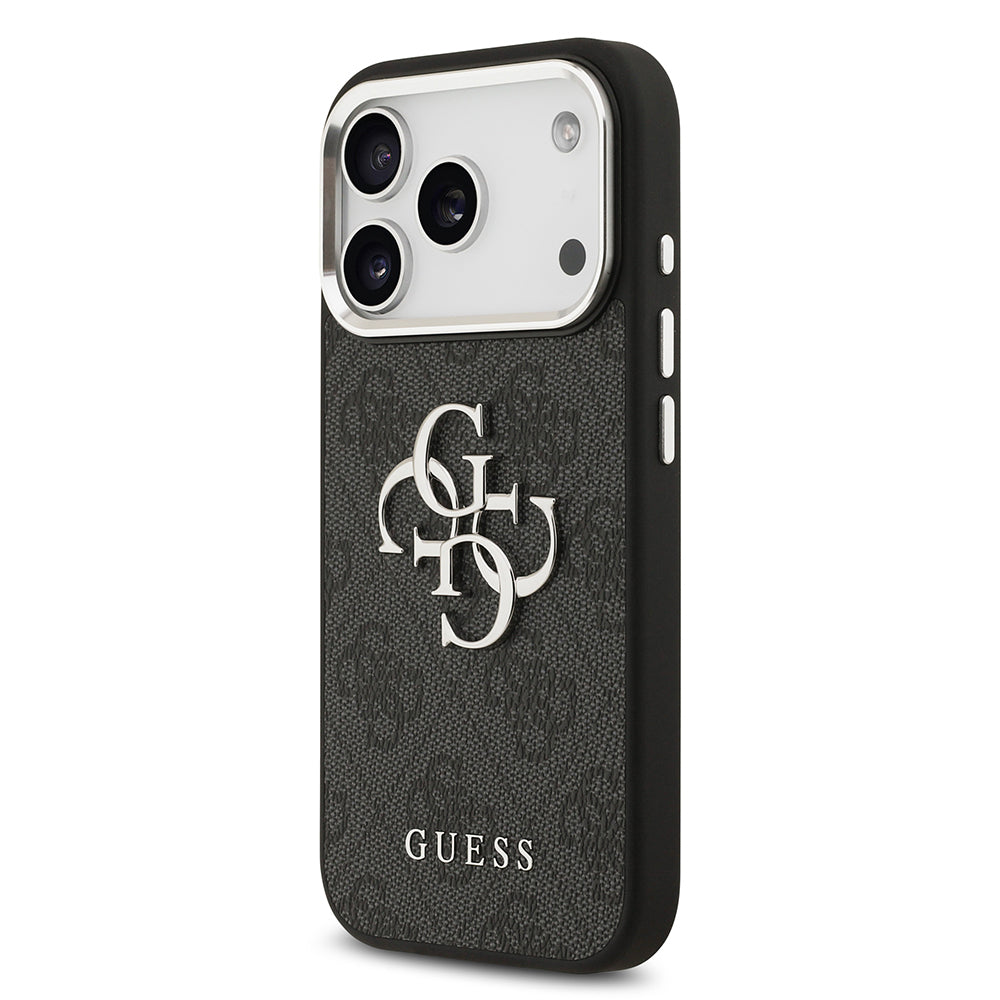 iPhone 17 Pro Kılıf Guess Orijinal Lisanslı Gümüş Metal Kamera Çerçeveli 4G Desenli Metal Büyük 4G ve Yazı Logolu Kılıf