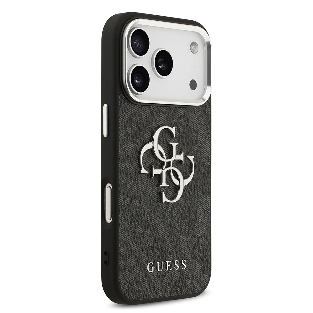 iPhone 17 Pro Kılıf Guess Orijinal Lisanslı Gümüş Metal Kamera Çerçeveli 4G Desenli Metal Büyük 4G ve Yazı Logolu Kılıf