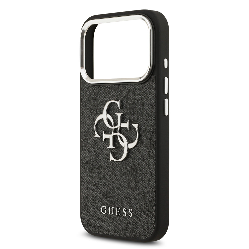 iPhone 17 Pro Kılıf Guess Orijinal Lisanslı Gümüş Metal Kamera Çerçeveli 4G Desenli Metal Büyük 4G ve Yazı Logolu Kılıf