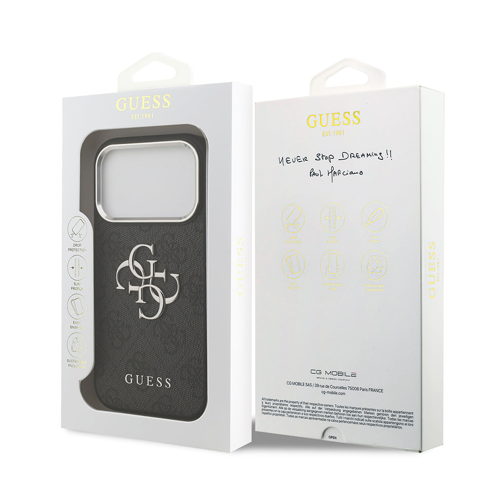 iPhone 17 Pro Kılıf Guess Orijinal Lisanslı Gümüş Metal Kamera Çerçeveli 4G Desenli Metal Büyük 4G ve Yazı Logolu Kılıf